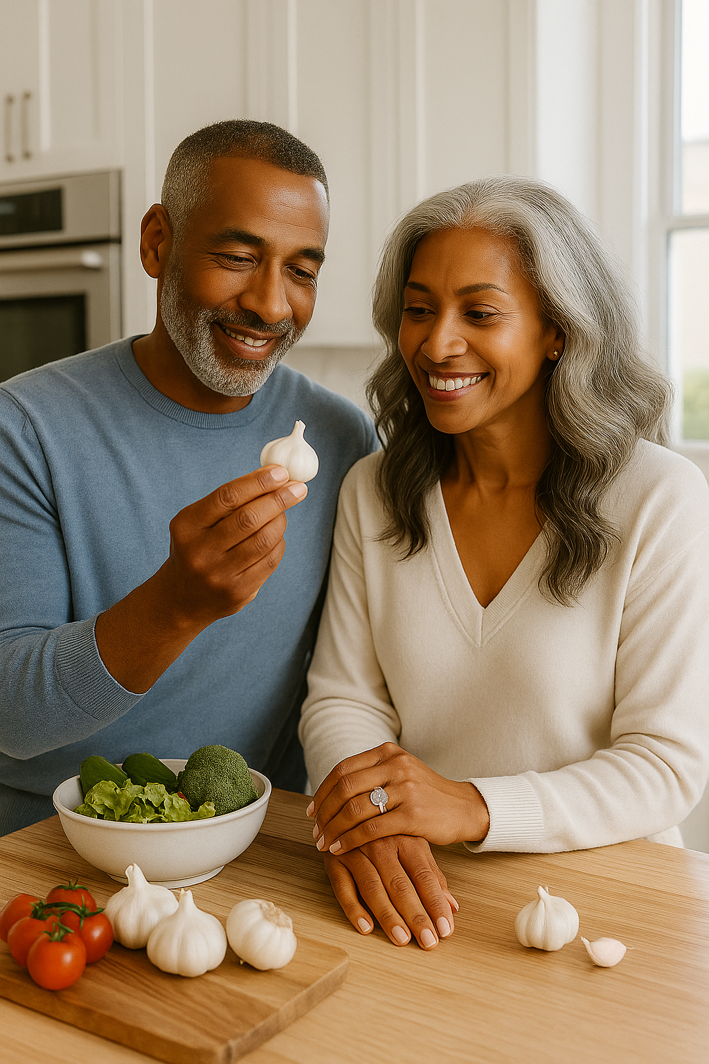 Senior Couple in kitchen holding garlic discussing benefits of it for senior health
